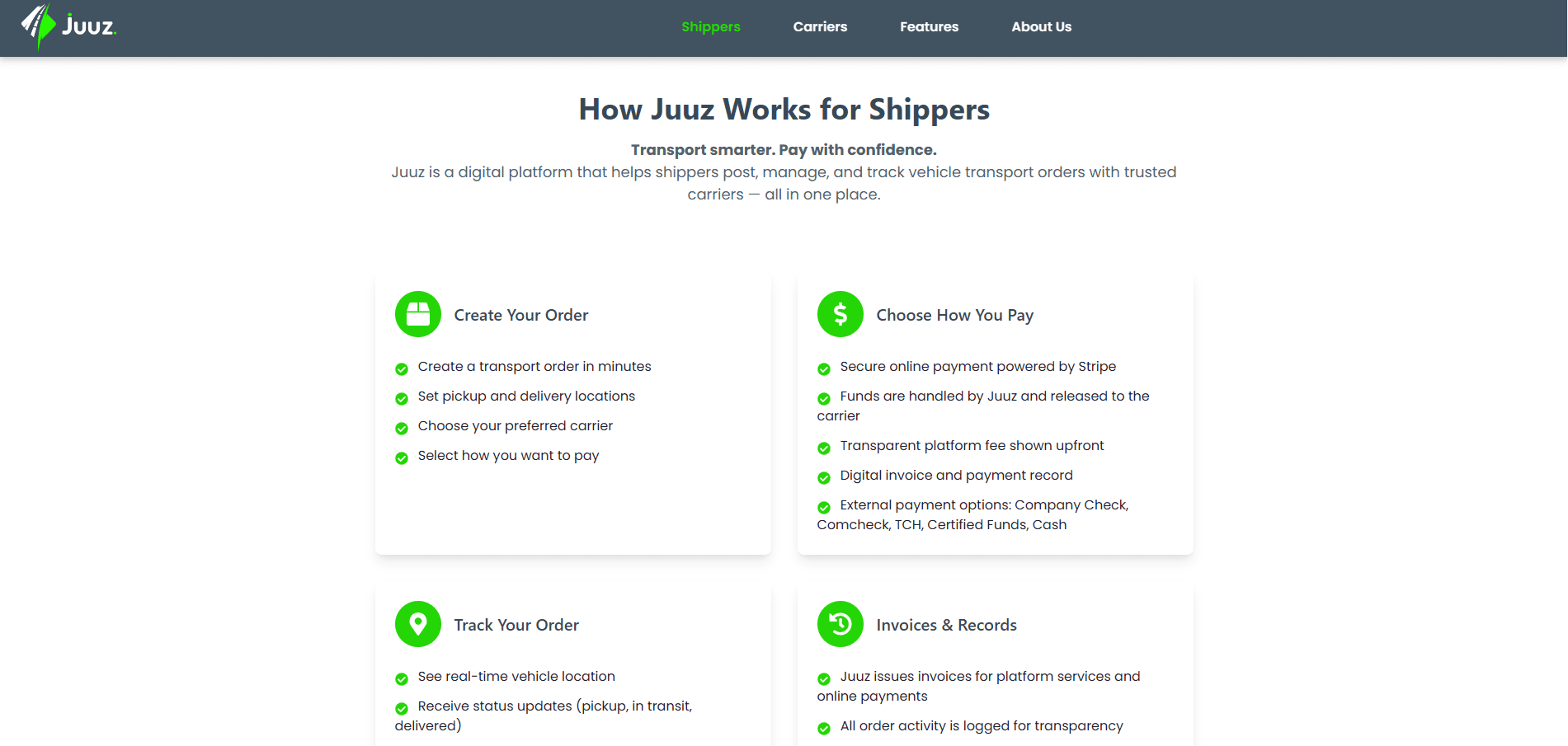 JUUZ driver tracking and route status screen