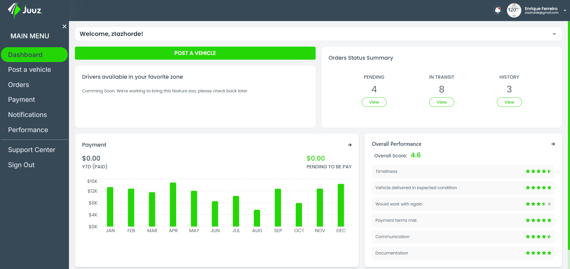 JUUZ customer trip details and notifications view